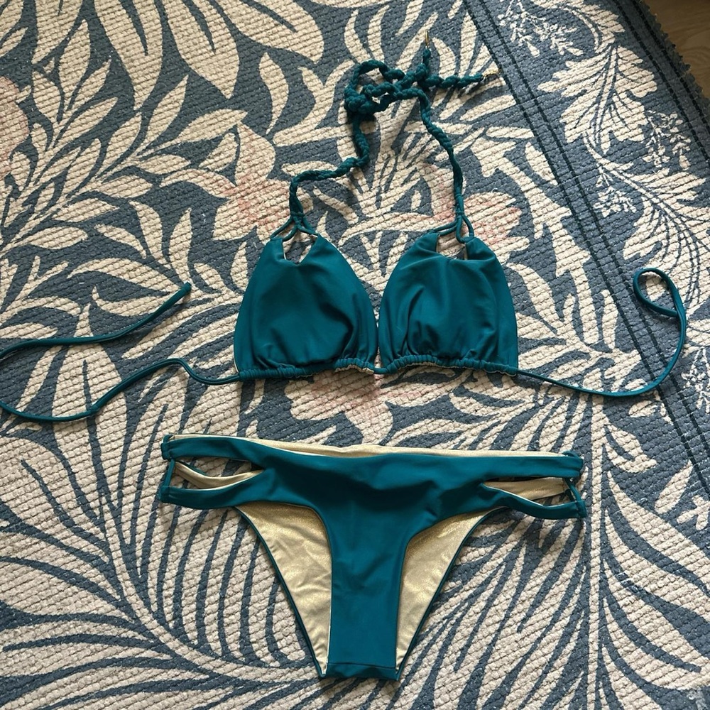 Luli Fama Teal + Gold Reversible Bikini Set